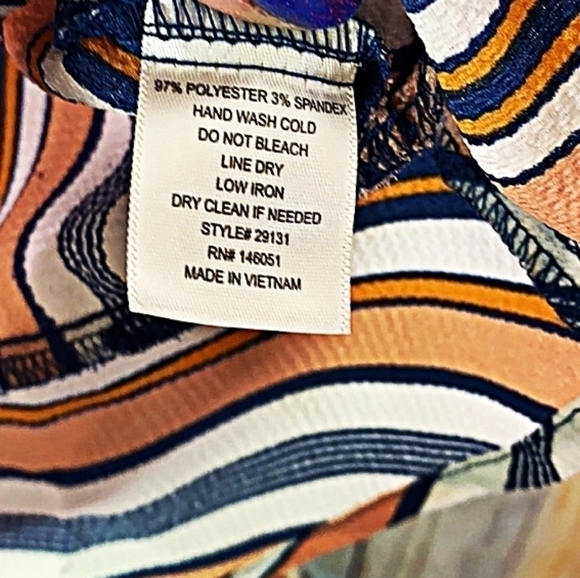 Monteau M Short Sleeve Ruffled Peplum Peach Navy and Mustard Striped Blouse - Picture 2 of 4